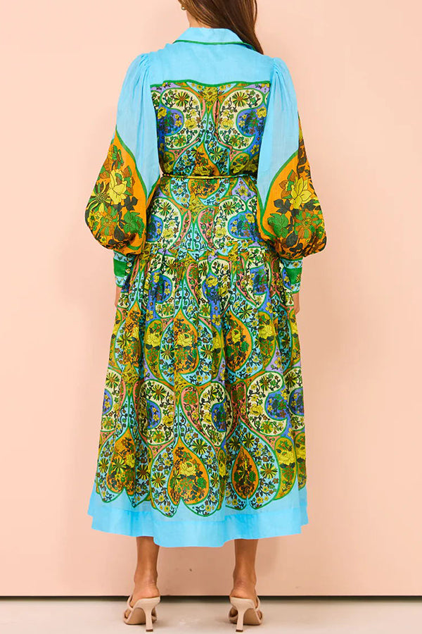 Feeling Butterflies Multi Unique Print Balloon Sleeve Belt Shirt Midi Dress-consonak