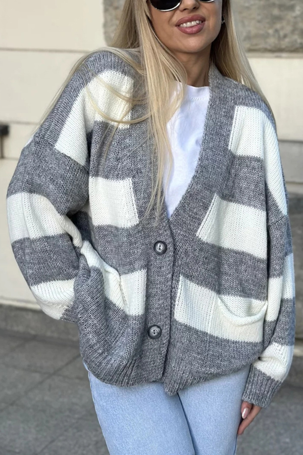 Casual V-neck Long-sleeved Striped Pocket Knitted Cardigan-consonak