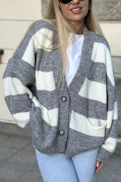 Casual V-neck Long-sleeved Striped Pocket Knitted Cardigan-consonak