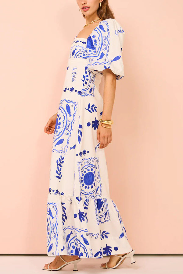 Sherbert Linen Blend Unique Print Square Neck Bubble Sleeve Maxi Dress | Consonak
