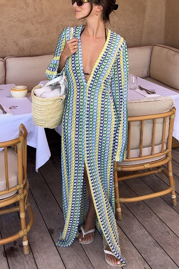 Bondi Beach Knit Colorful Wave Print Long Sleeve Vacation Maxi Dress | Consonak