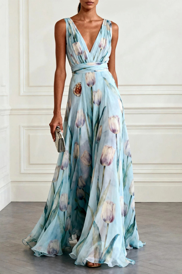 Tulip Print V-Neck Sleeveless Elegant Waist-Defining Maxi Dress