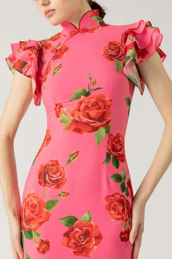 Elegant party cheongsam style rose print layered flared sleeve elastic long skirt-consonak
