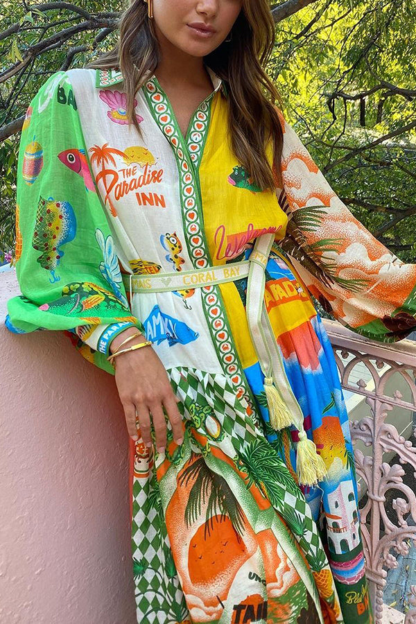 A World of Colour Unique Print Balloon Sleeve Belt Shirt Midi Dress-consonak