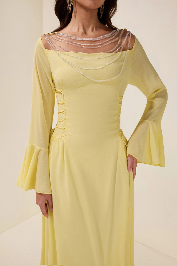 Fashionable Beaded Long-sleeved Square-neck Fitted Waist Tie Maxi Dress-consonak