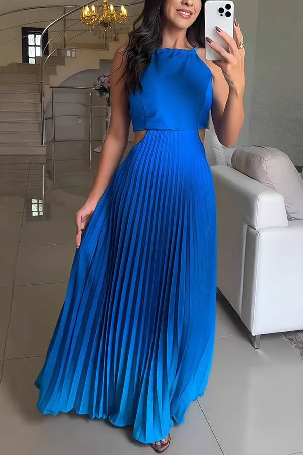 Fashionable Backless Tie Elegant Gradient Pleated Maxi Dress-consonak