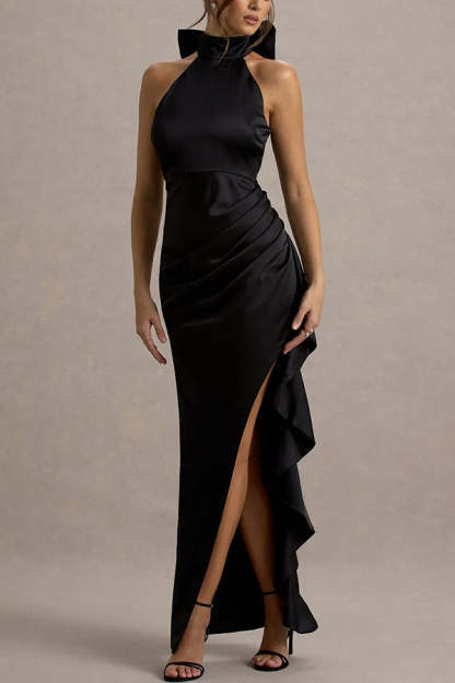 Maureen Satin High Neck Ruched Ruffle Slit Draped Maxi Dress-consonak