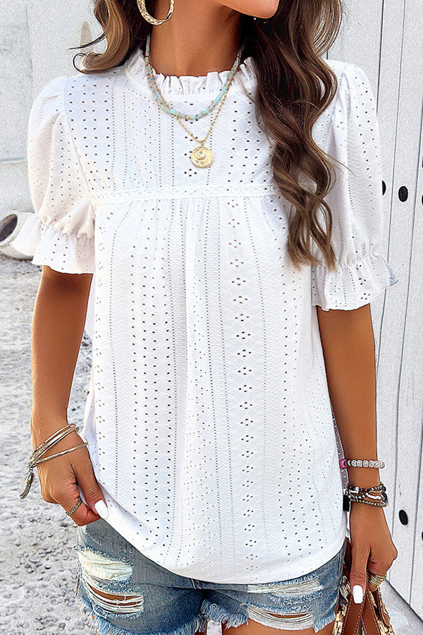 Solid Color Short Sleeved Patchwork Hollow Pleated Shirt-consonak