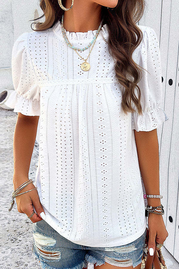 Solid Color Short Sleeved Patchwork Hollow Pleated Shirt-consonak