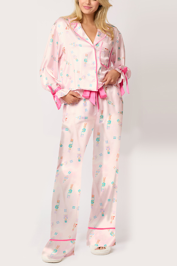 Christmas Printed Velvet Lace-up Long-sleeve Pocket Top and Elastic Waist Wide-leg Pants Set-consonak