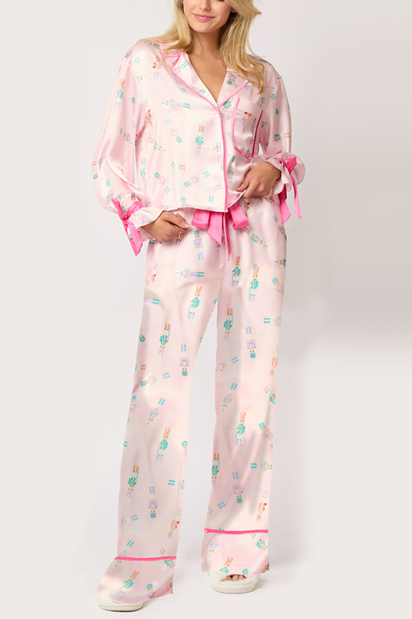 Christmas Printed Velvet Lace-up Long-sleeve Pocket Top and Elastic Waist Wide-leg Pants Set-consonak