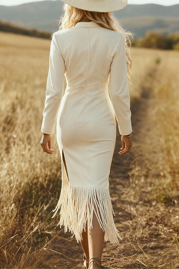 Stylish Suede Long-sleeved Zippered Slim-fit Tassel Midi Dress | Consonak