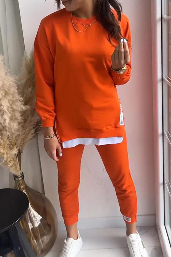 Solid Color Round Neck Long-sleeved Sweatshirt and Elastic Waist Pants Set-consonak