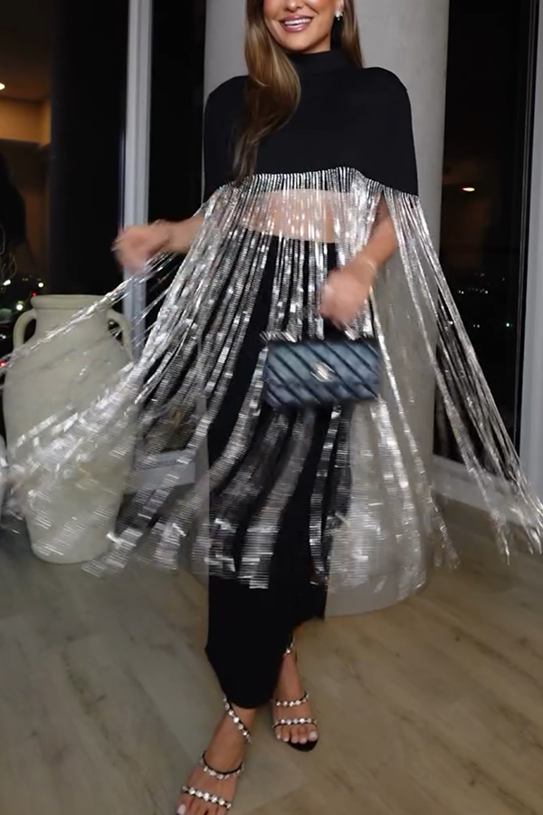 New Level Shiny Tassel Stand Neck Crop Cape Blouse-consonak