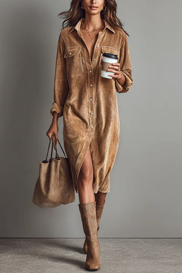 Solid Color Single-Breasted Pocket Casual Shirt-Style Midi Dress-consonak