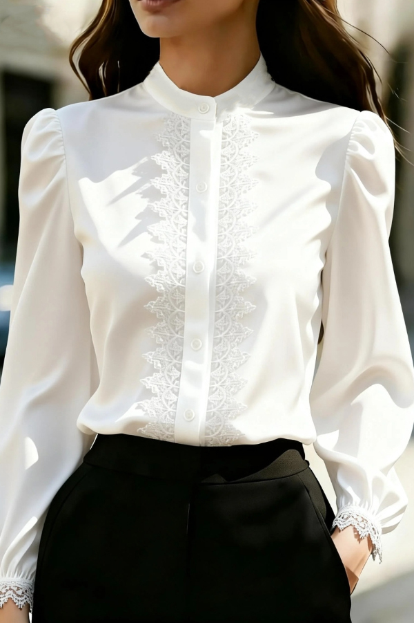 Solid Color Satin Lace Patchwork Casual Long-sleeved Shirt | Consonak
