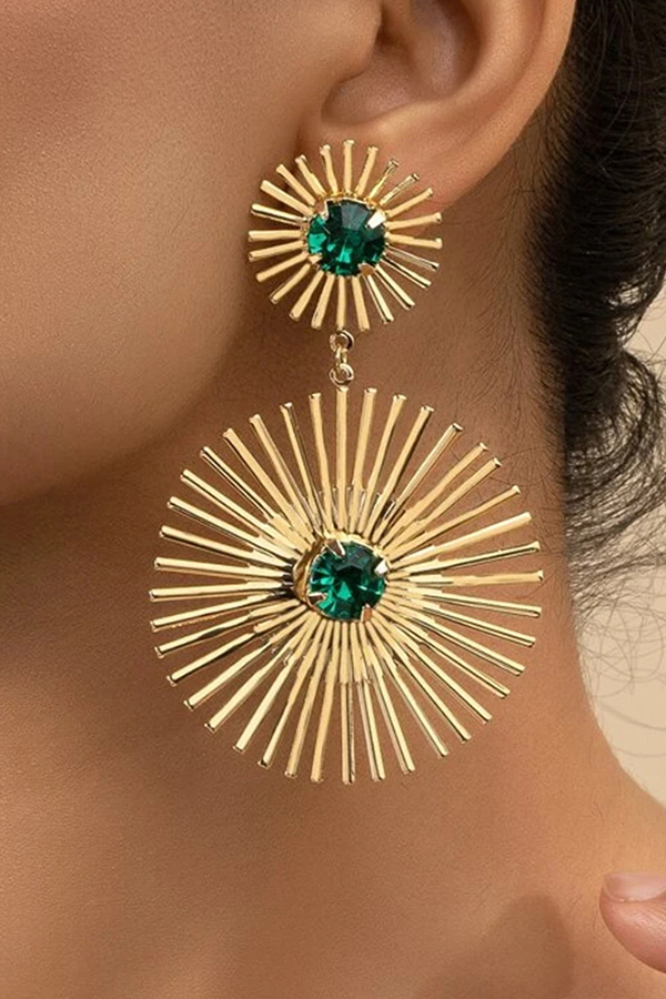 Exaggerated Emerald Rhinestone Line Metal Earrings-consonak