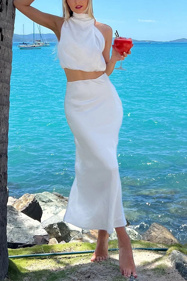 Such A Vibe High Neck Satin Drape Maxi Party Skirt Set-consonak
