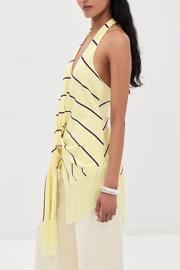 Laine Striped Print V-neck Fringed Hem Twist Drape Halter Tank-consonak
