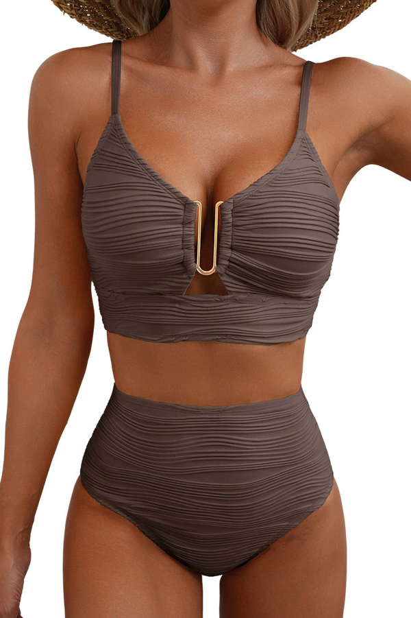 Solid Color V-neck Hollowed-out Pleated High Waist Stretch Two-Piece Bikini Swimsuit | Consonak