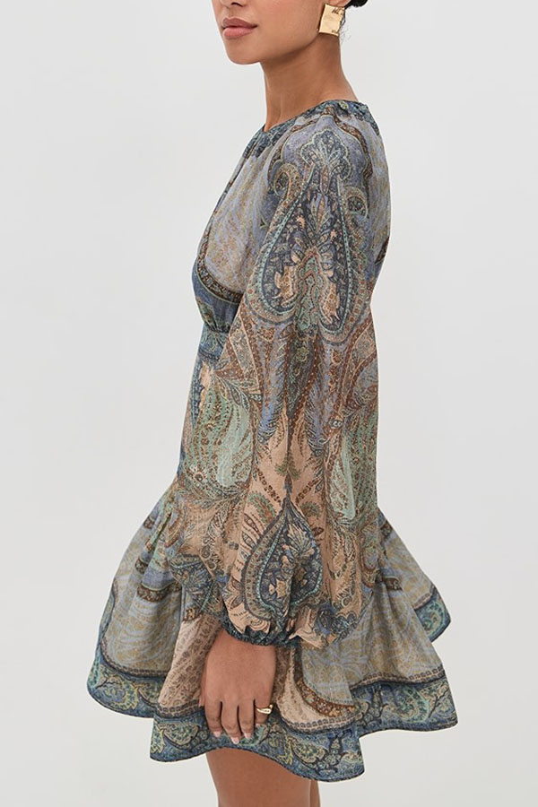 Exotic Style Paisley Print Long Balloon Sleeve Smocked Waist Mini Dress