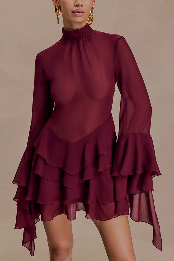 Fashionable Chiffon Long-sleeved Ruffled Slim-fit Mini Dress-consonak