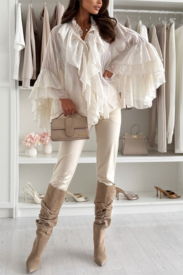 Breezy Touch Chiffon Layered Ruffles Long Bell Sleeve Button Up Loose Blouse-consonak