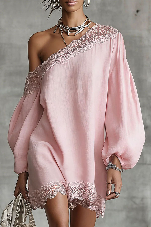 One-Shoulder Lace Trim Mini Dress-Consonak