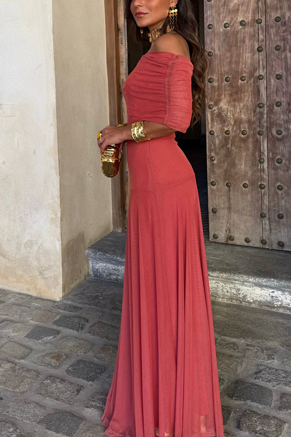 In My Arms Mesh Ruched Strapless Paneled Drape Flare Maxi Dress