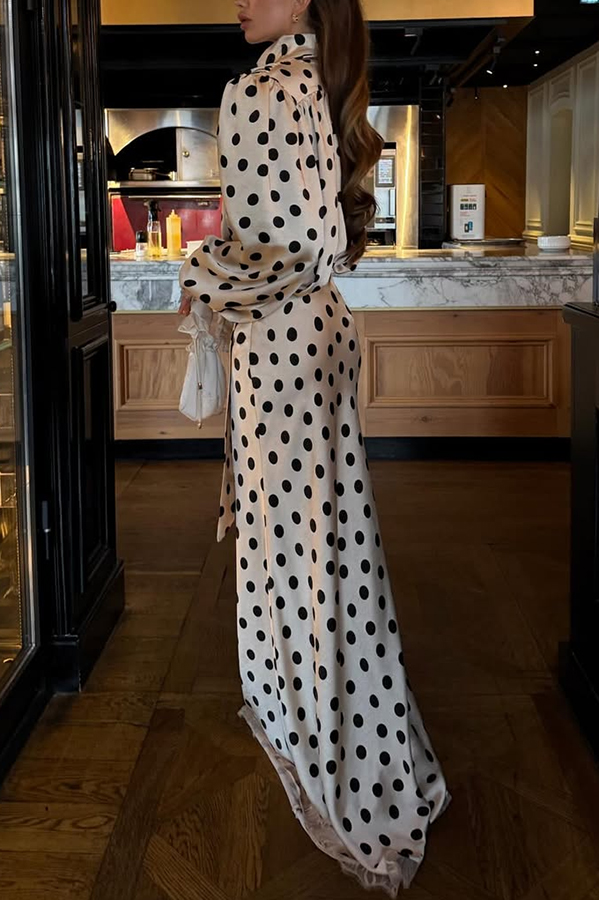 Chrissa Satin Polka Dot Print Lace Trim High Rise Flare Drape Maxi Skirt