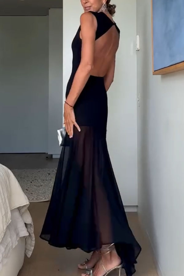 Alice Open Back Asymmetrical Tulle Hem Stretch Maxi Dress-consonak