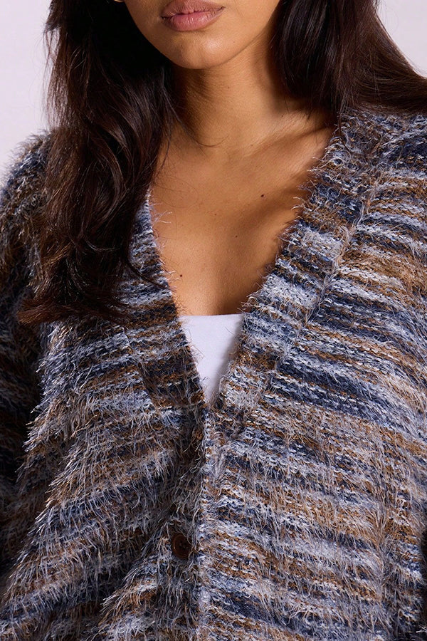 Fashionable Mixed Color Loose V-neck Casual Knit Cardigan-consonak