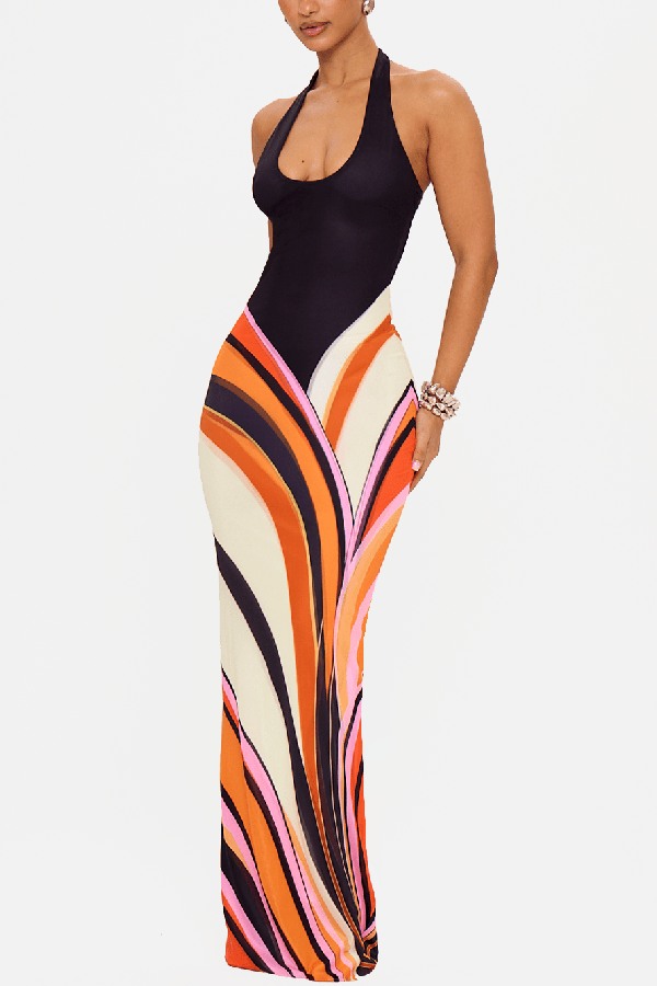 Summer Newness Colorblock Swirl Print Halter Neck Stretch Maxi Dress | Consonak