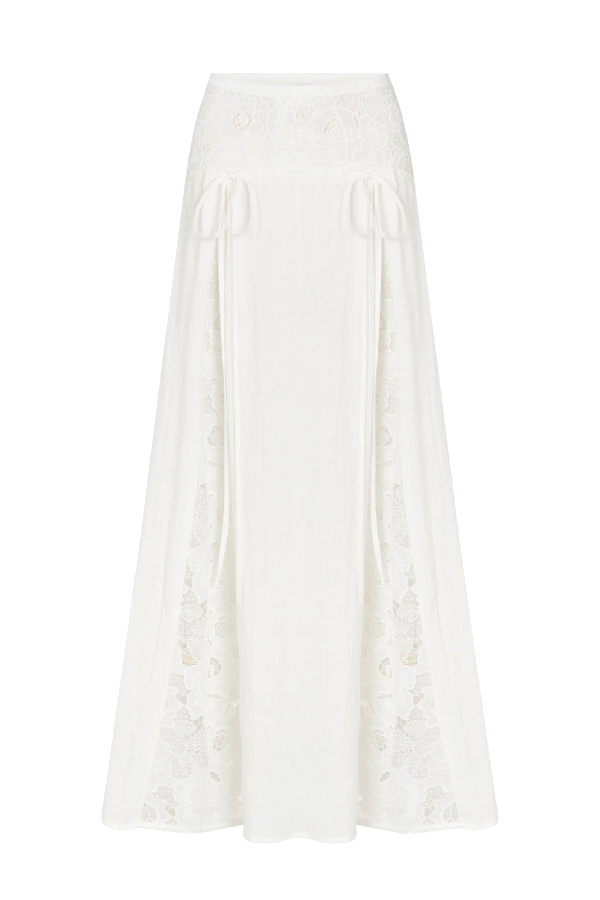 Solid Color Pleated Tie-front Top and Elegant Patchwork Lace Openwork Maxi Skirt Set-consonak