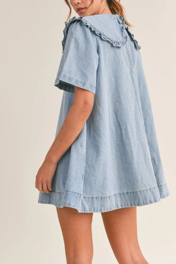 Solid Color Loose Short-sleeved Casual Ruffled Denim Mini Dress | Consonak