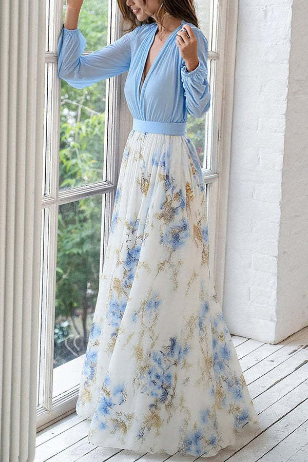 Plant Print V-neck Long Sleeve Elegant Stitching Maxi Dress-consonak