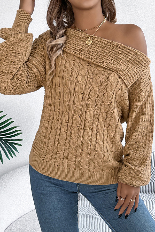 Solid Color Casual One Shoulder Long Sleeve Knitted Sweater-consonak