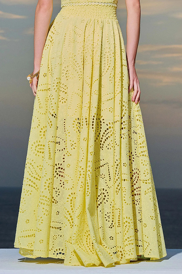 Paris Dreaming Embroidered Lace High Rise Elastic Waist Pocketed Maxi Skirt  | Consonak