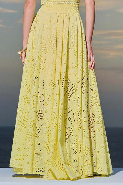 Paris Dreaming Embroidered Lace High Rise Elastic Waist Pocketed Maxi Skirt -consonak