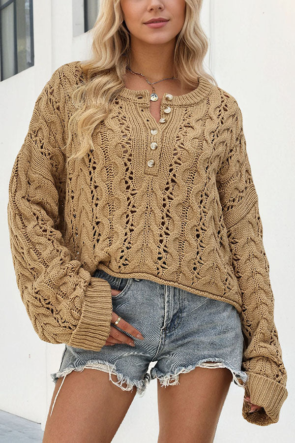 Solid Color Loose Long-sleeved Openwork Cable Knit Sweater-consonak