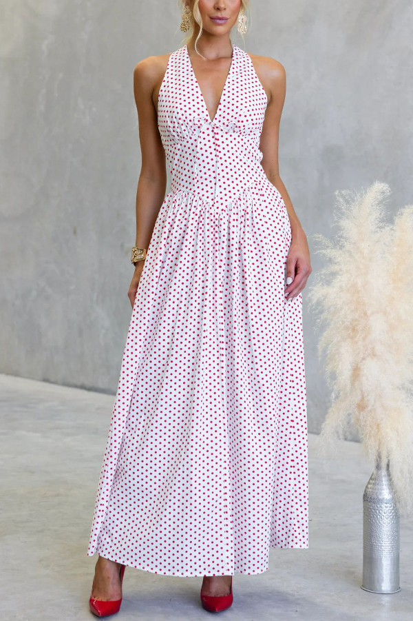 Polka Dot Print Halter Neck Fitted Waist Holiday Maxi Dress-consonak