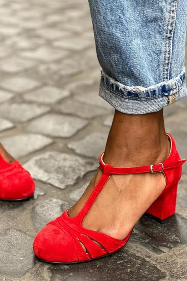 Color-blocked Faux Suede Chunky Heel Sandals-Consonak