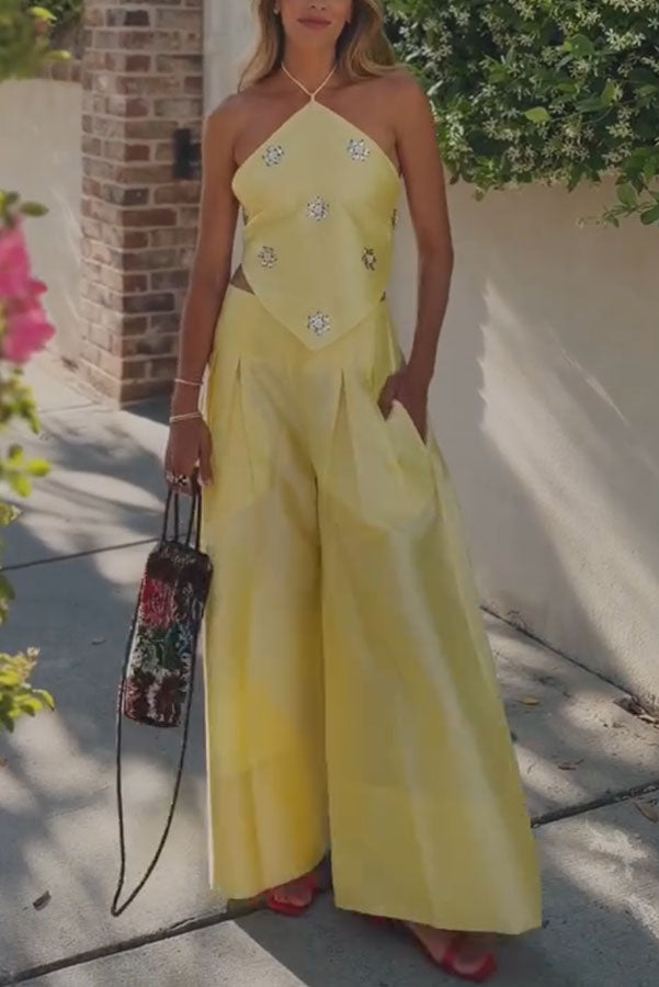 Jamie Satin Sparkling Flowers Halter Backless Tank and High Rise Pocket Wide Leg Pants Set
