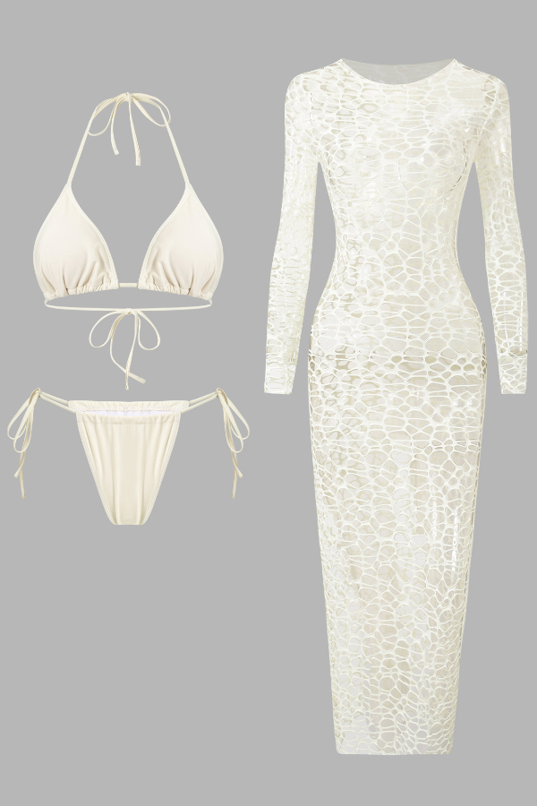 Solid Color Stretch Two-piece Bikini Swimsuit and Hollowed-out Long-sleeved Slim-fit Cover-up Maxi Dress Set-Consonak