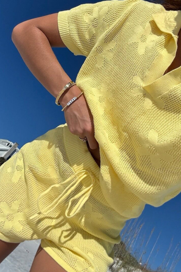 Solid Color Loose Short-sleeved Openwork Top and Elastic Waist Casual Knit Shorts Cover-up Set-consonak