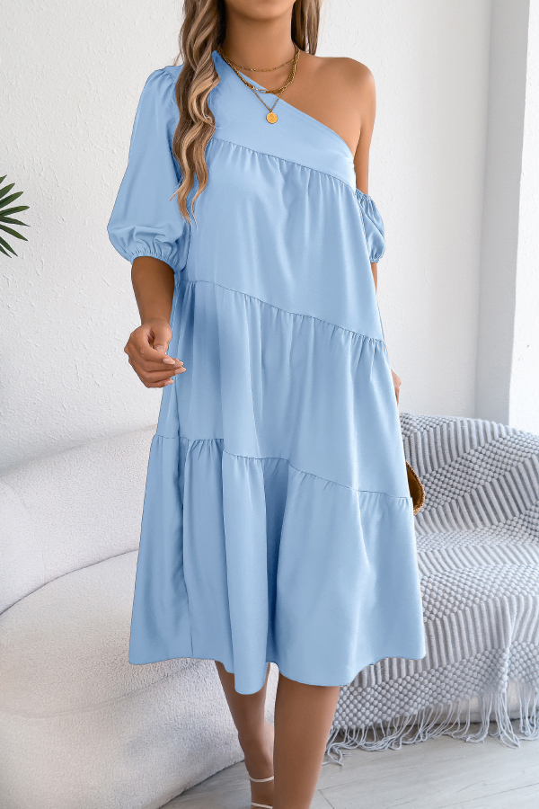 Solid Color Loose Slash Neck Short-sleeved Casual Midi Dress-consonak