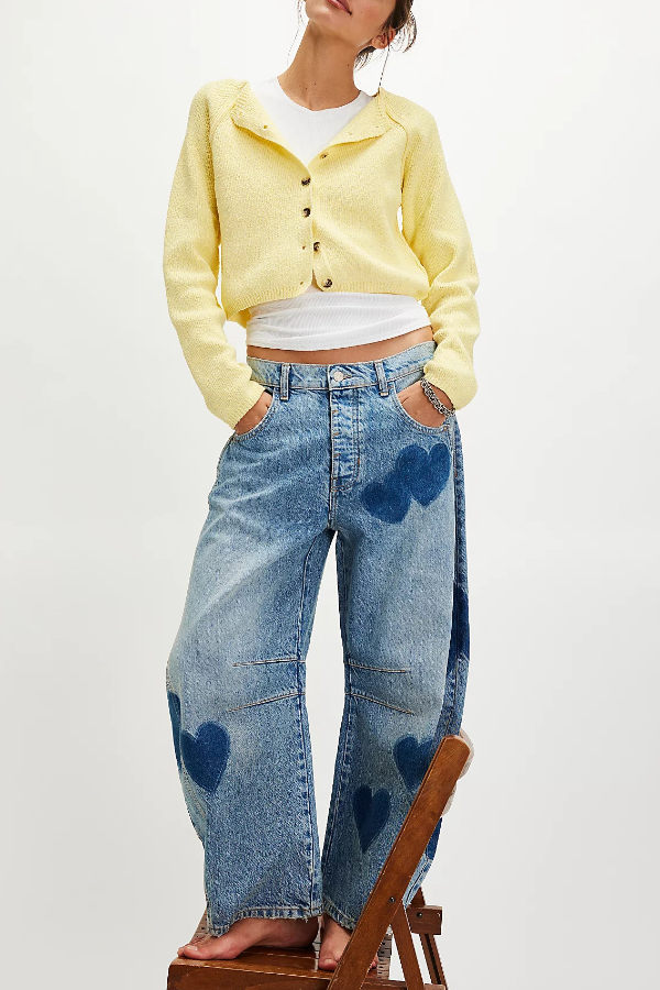 Fashionable Printed Casual Loose Mid-rise Pocket Leg Jeans