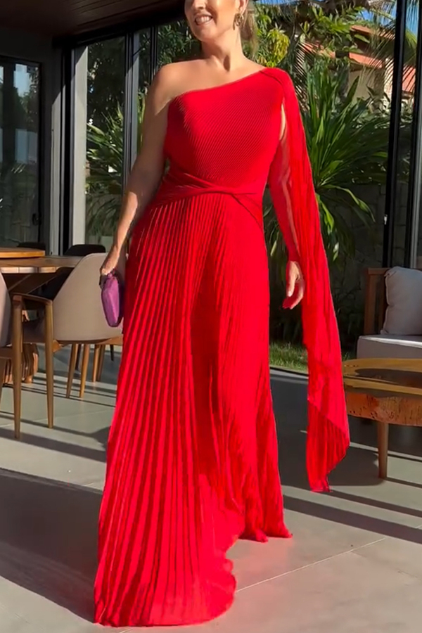 Kate Pleated One Shoulder Drape Sleeve Twist Waist Maxi Dress-consonak