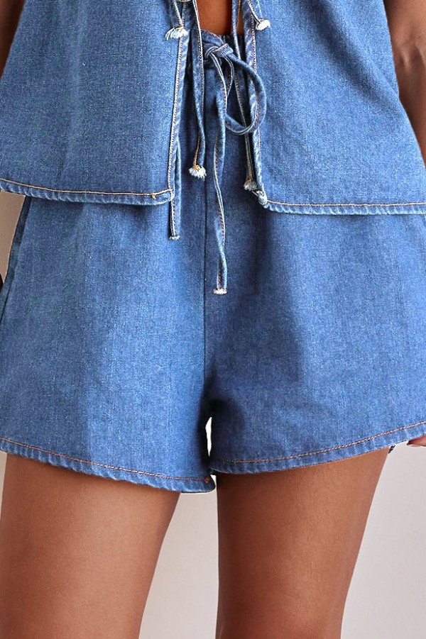 Stylish Elastic Waist Drawstring Pocket Casual Loose Denim Shorts