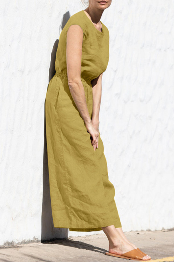 Fern Linen Blend Pocketed Button Back Elastic Waist Jumpsuit-consonak